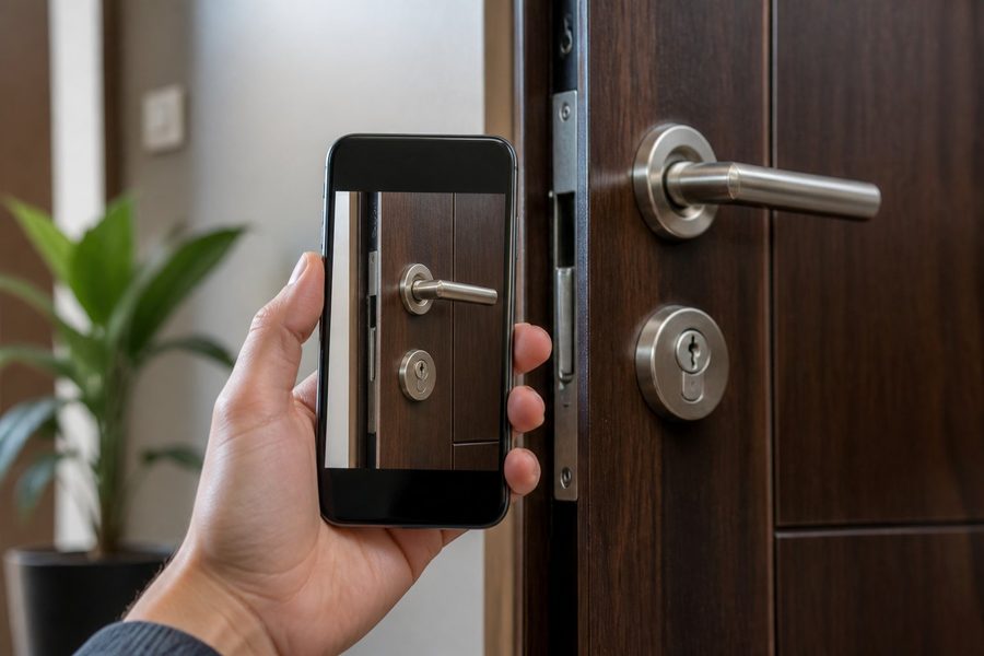 Main qui prend une serrure de porte en photo avec un téléphone